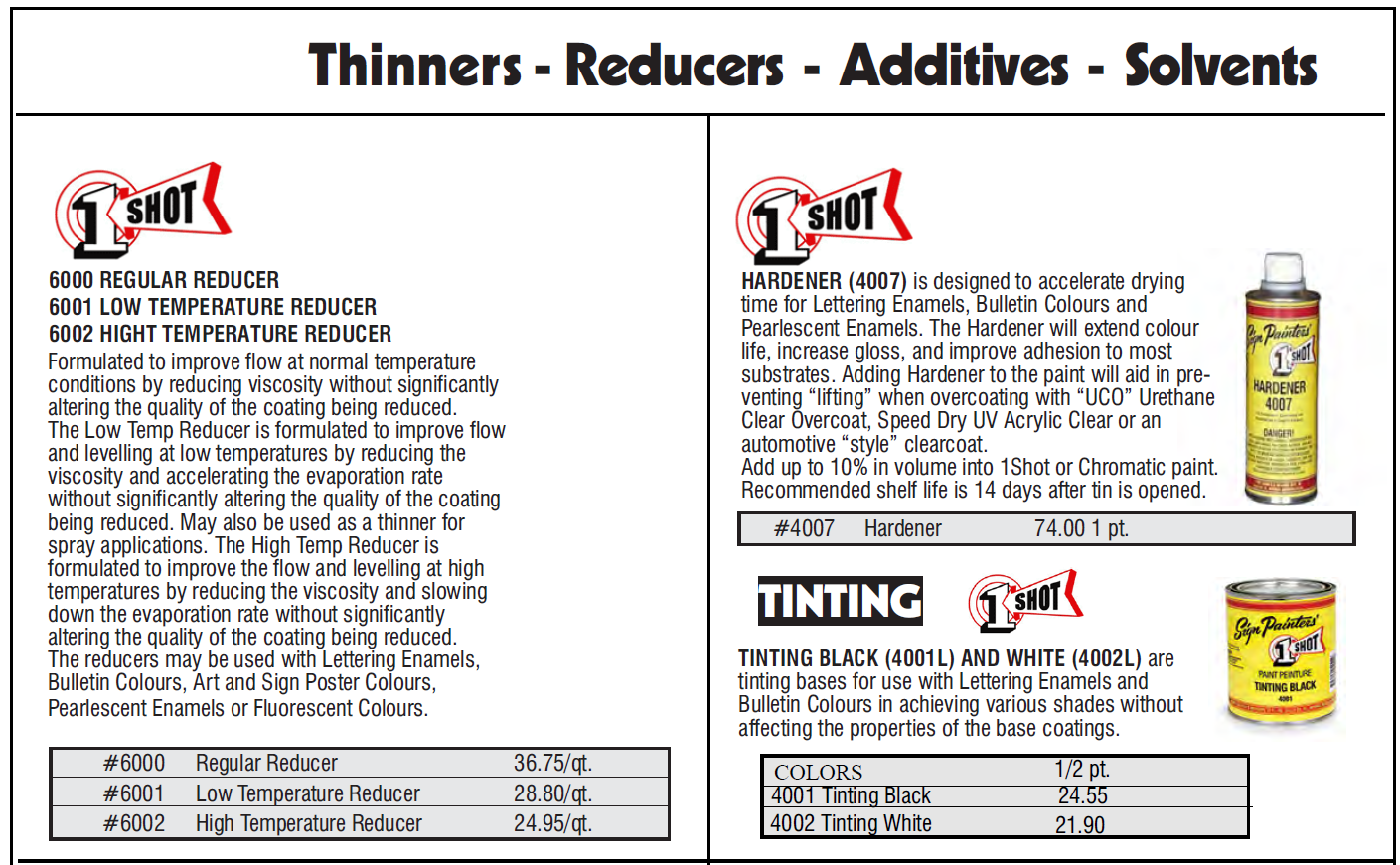 Shot thinners etc feb 2023 - 1 Shot Reducers, Tinting, Hardener, Brush Cleaner